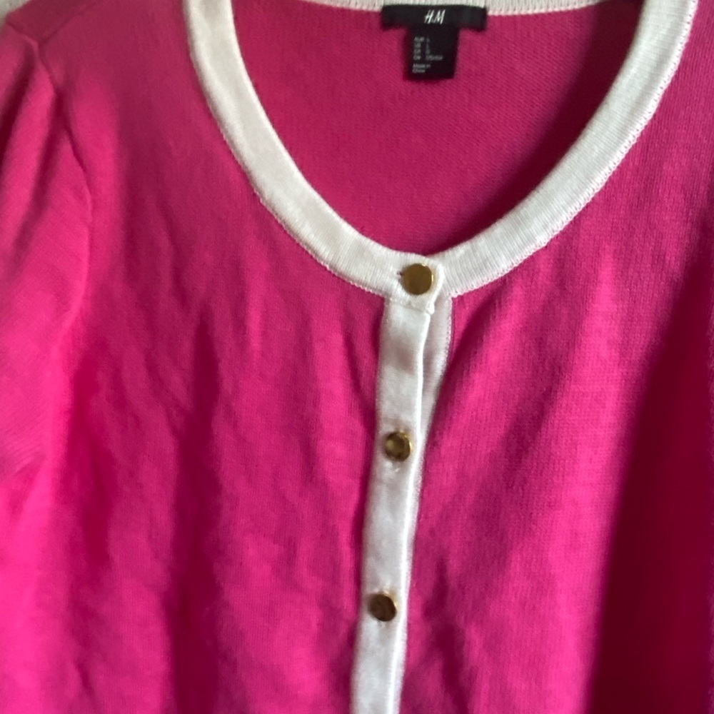 Y2K Knit Preppy Pink White Gold Button Long Sleeve Barbie Sweater Cardigan L - Picture 5 of 14